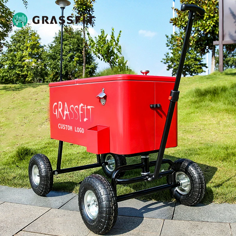 80L Trolley Rolling Retro Style Heavy Duty Metal Wagon Beach Cart Rolling Patio Cooler Cart Ice Chest Cooler Cart