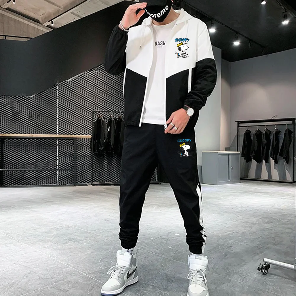 New Snoopy Spring Men Casual Sets Mens Hooded Tracksuit Sportswear Jackets+Pants 2 Piece Sets Hip Hop Running Sports Suit