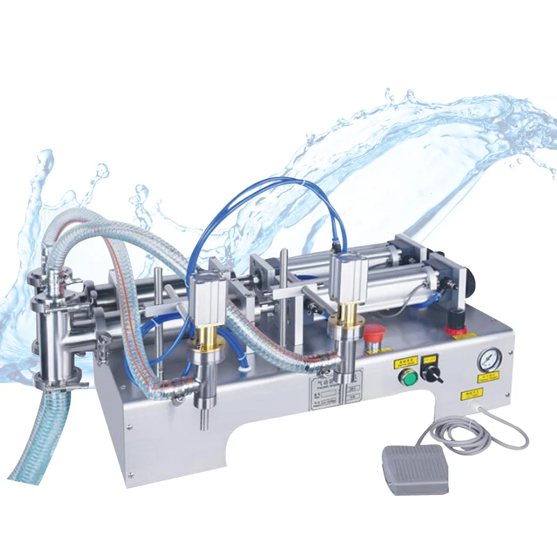 

Коммерческая полуавтоматическая пневматическая двухголовочная машина для розлива жидкостей (вина, соков) с поршневым механизмом из нержавеющей стали