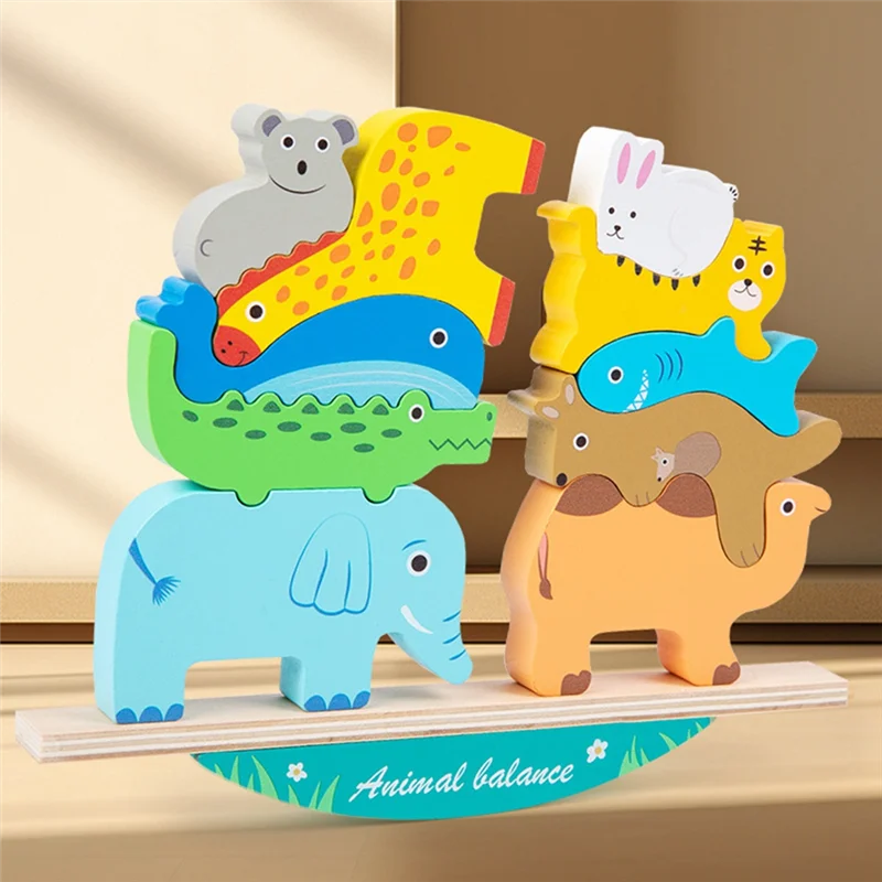 

A19Q-Boys Girls Wooden Animal Blocks Stacking Toy Kids Birthday For Boy Girl Age 2-6 Educational Toys Fine Motor Balance Game