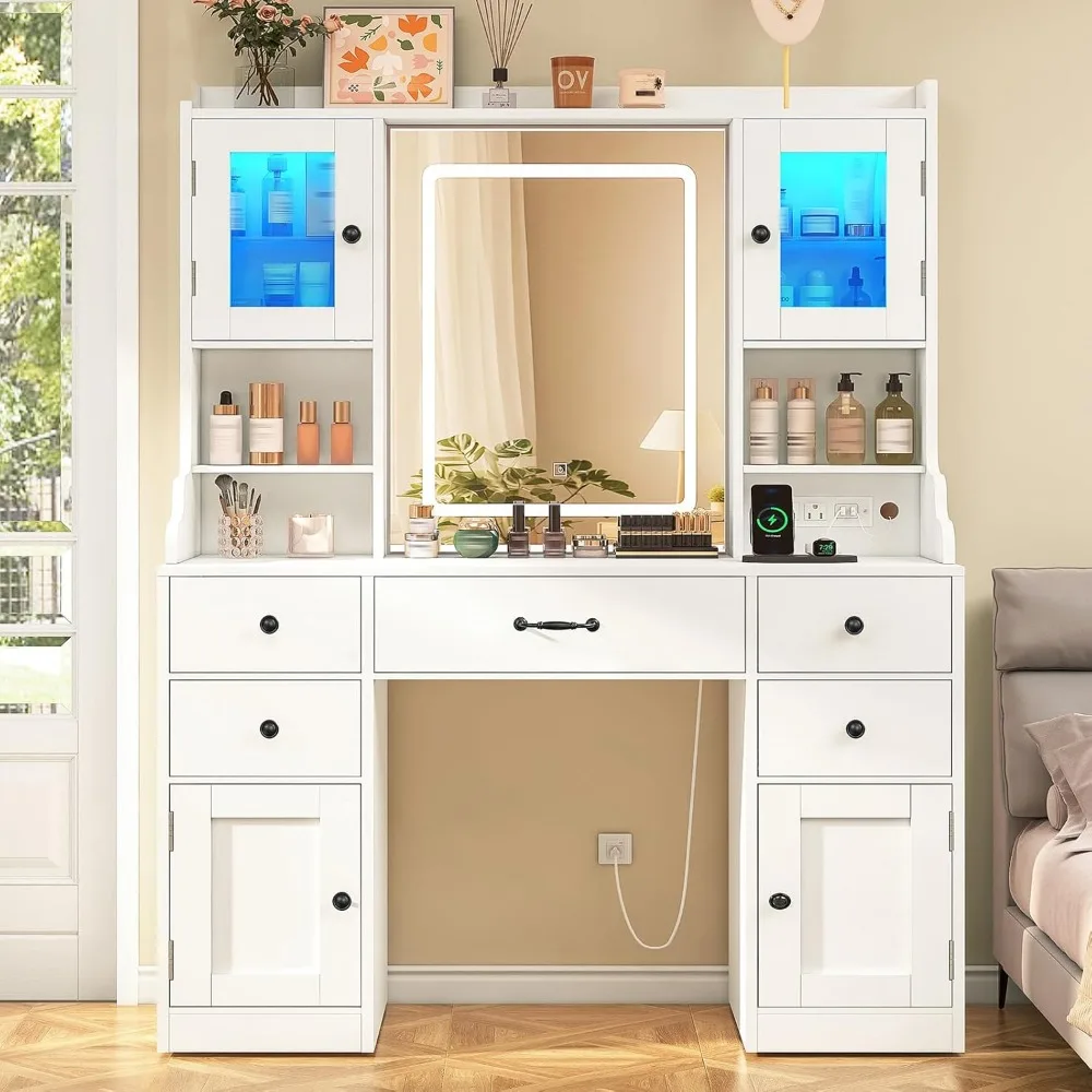 Vanity Desk with Lighted Mirror & Power Outlet, 3 Color Modes & Adjustable Brightness, Makeup Vanity Table with 5 Drawers, 2 ca