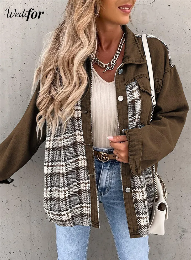 

Wedifor Long Sleeve Plaid Patchwork Denim Shirt Women Button Up Loose Casual Thick Tops Fashion Pockets Elegant Clothing