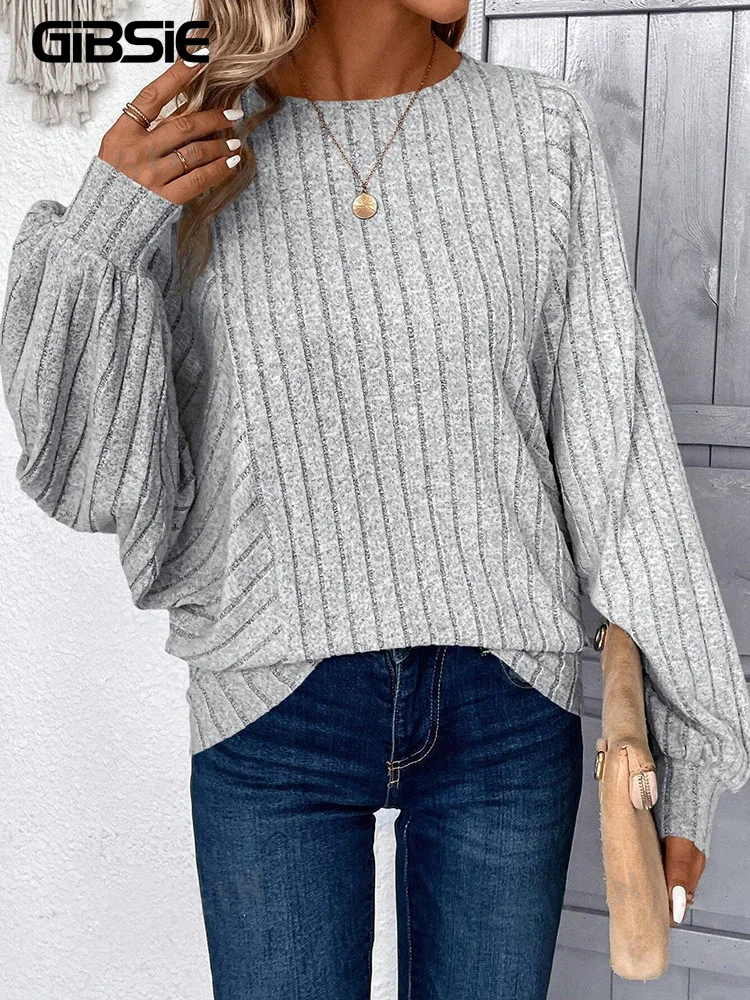 GIBSIE Plus Size Autumn and Winter Solid Rib-knit T-Shirts Women Loose Casual Full Lantern Sleeve Round Neck Women's Top