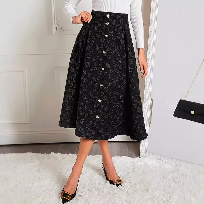 European And American New Autumn Printed Mid Length Skirt Women's Commute High Waist Slim Big Swing Skirt s847