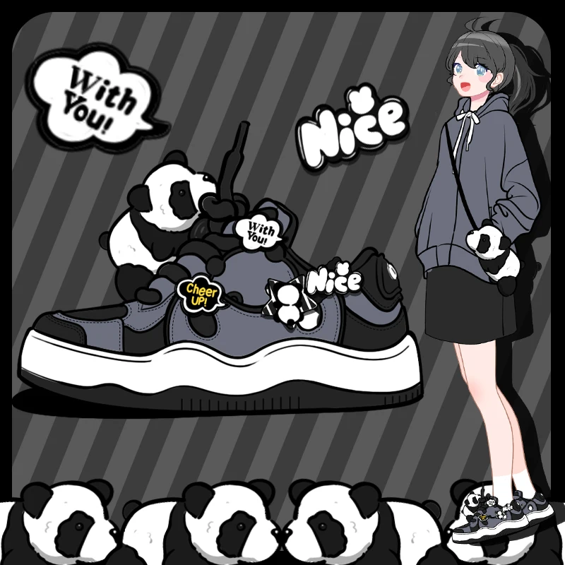 

Amy and Michael Cute Anime Panda Doll Shoes Girls Students Flat Casual Sneakers Tennis Female Women Skateboard Shoes Low Top