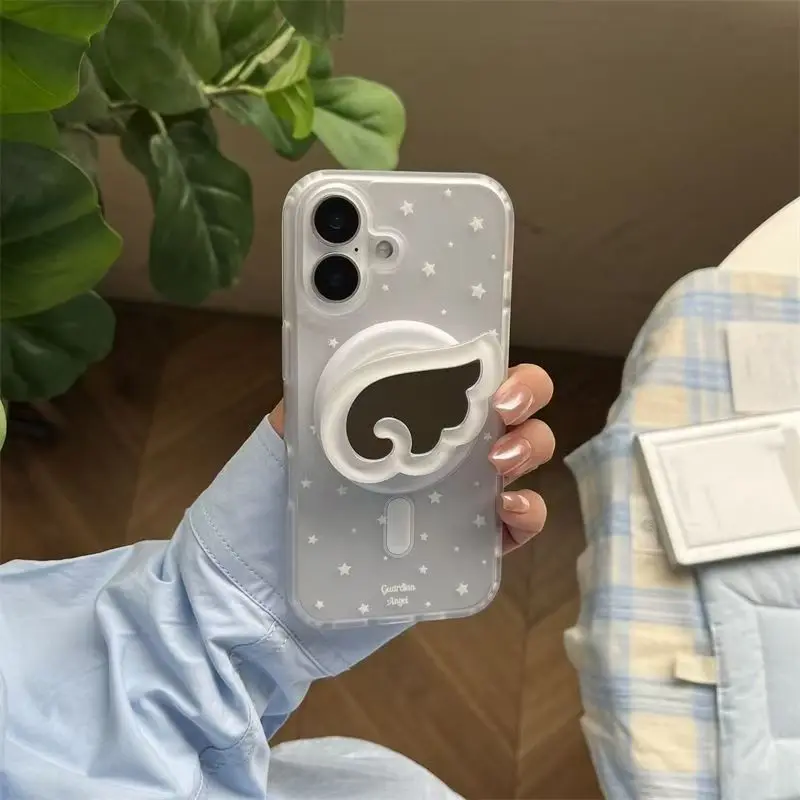 Miroir de maquillage ailes 3D coréen mignon, Support pour Magsafe Griptok, anneau de doigt de téléphone, Support pour iPhone 17 16 15 14 13