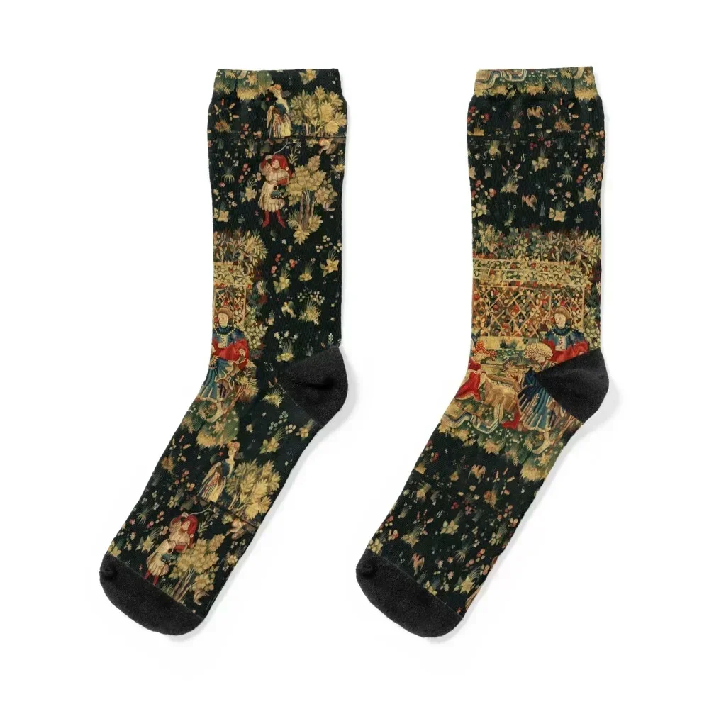 

FALCONS BATH Red Blue Antique Medieval Tapestry,Court Figures,Birds, Flowers ,Rose Trellis Socks gym Socks Women's Men's