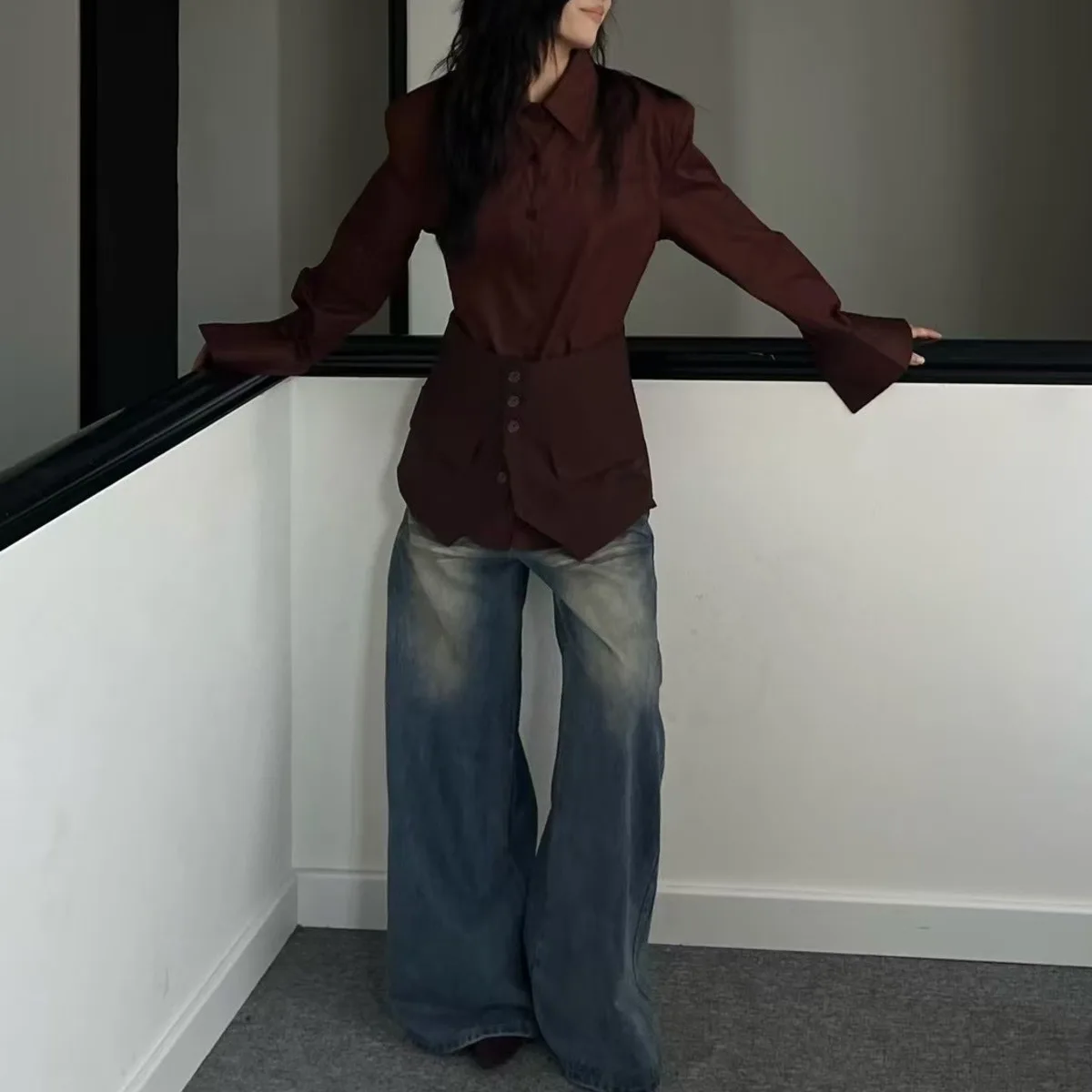 KWTX Women's 2 Piece Shirt Set Casual Elegant Chic Slim Fit Designer Lapel Single Button with Cincher Belt Premium Solid SS25