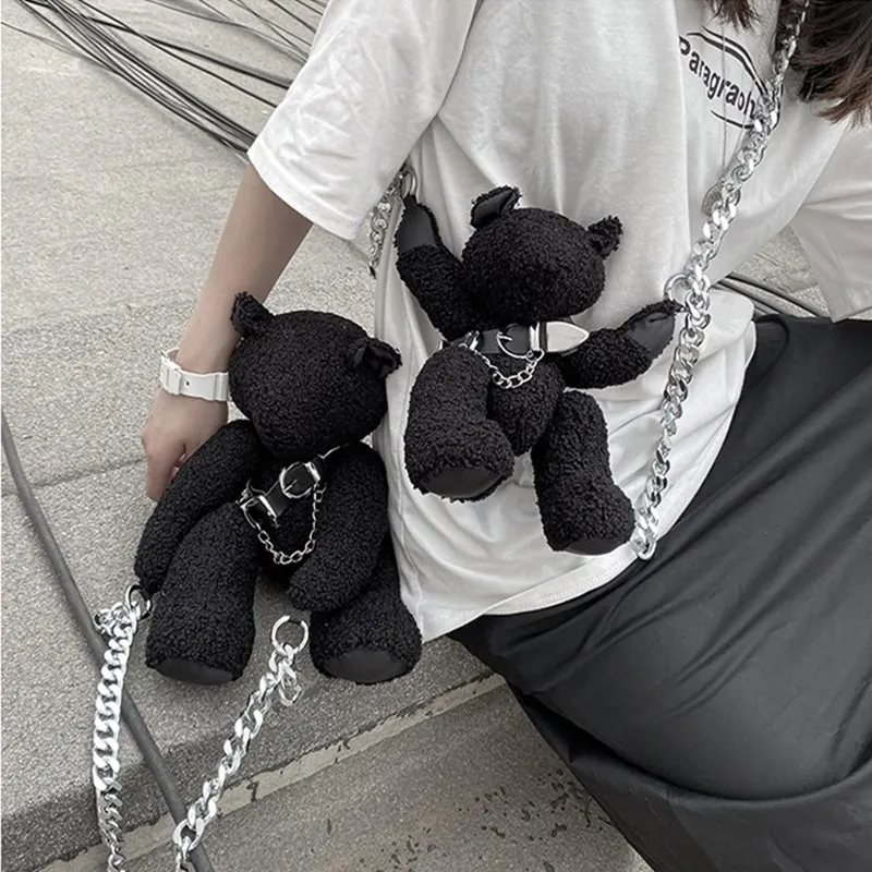 2023 Women Fashion Luxury Designer Handbag For Girls Cute Black Plush Doll Bear Purse Chain Zipper Casual Crossbody Shoulder Bag