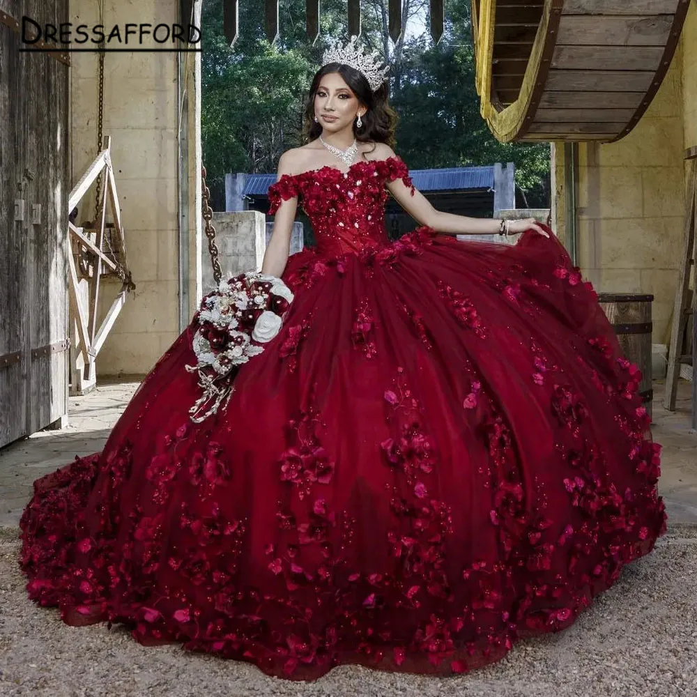 Red Handmade Flowers Ball Gown Quinceanera Dresses Off The Shoulder Appliques Lace Vestido De 15 Anos Sweet 16