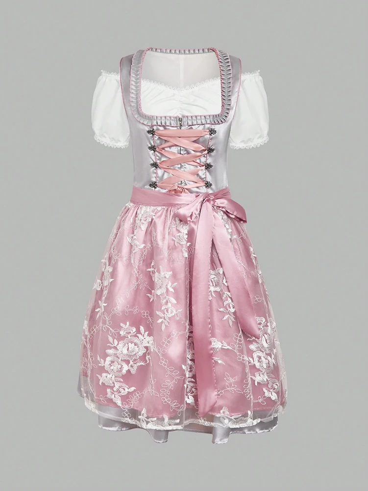 Damski strój na Oktoberfest w Monachium, trzyczęściowy zestaw: niemiecka spódnica, bawarska szara bluzka, biały fartuch, tradycyjny strój festiwalowy.