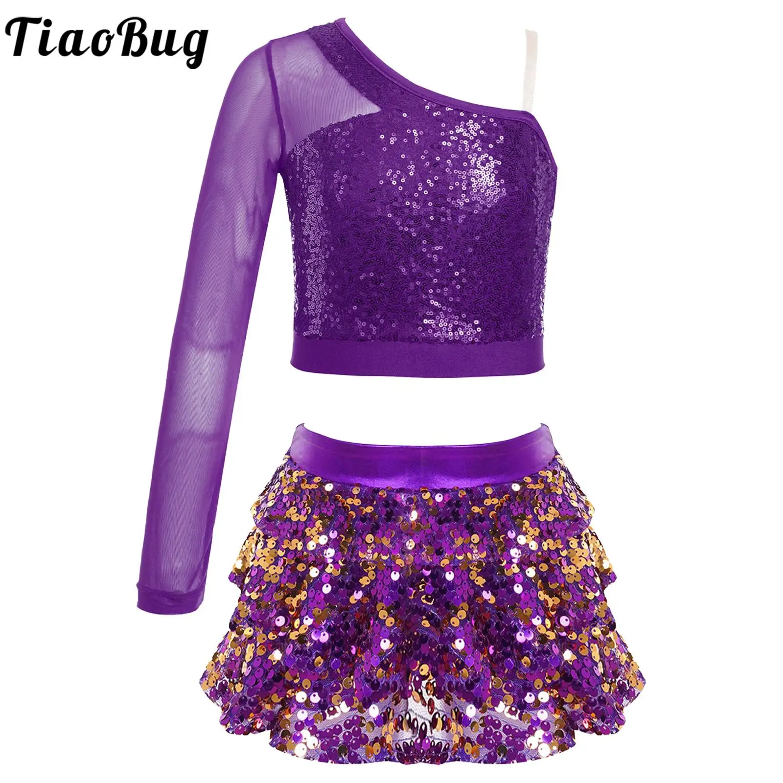 

2Pcs Jazz Dance Outfit for Kids Girls Sequin Cheerleading Hip Hop One Shoulder Crop Top with Metallic Tiered Skirt Shorts Set