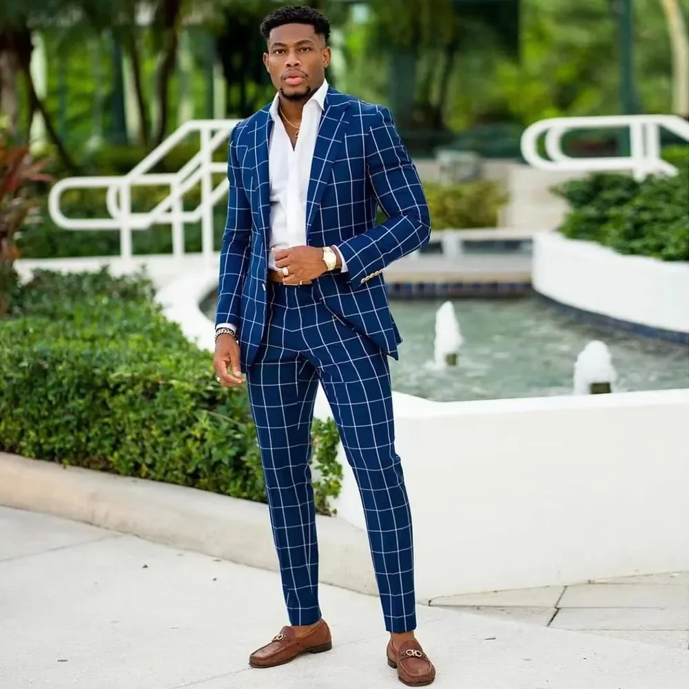 

Graceful Plaid Business Men's Suits Notched Lapel Wedding Male Blazer Sets Tailored Formal Tuxedos Slim Fit Prom Jacket Pants