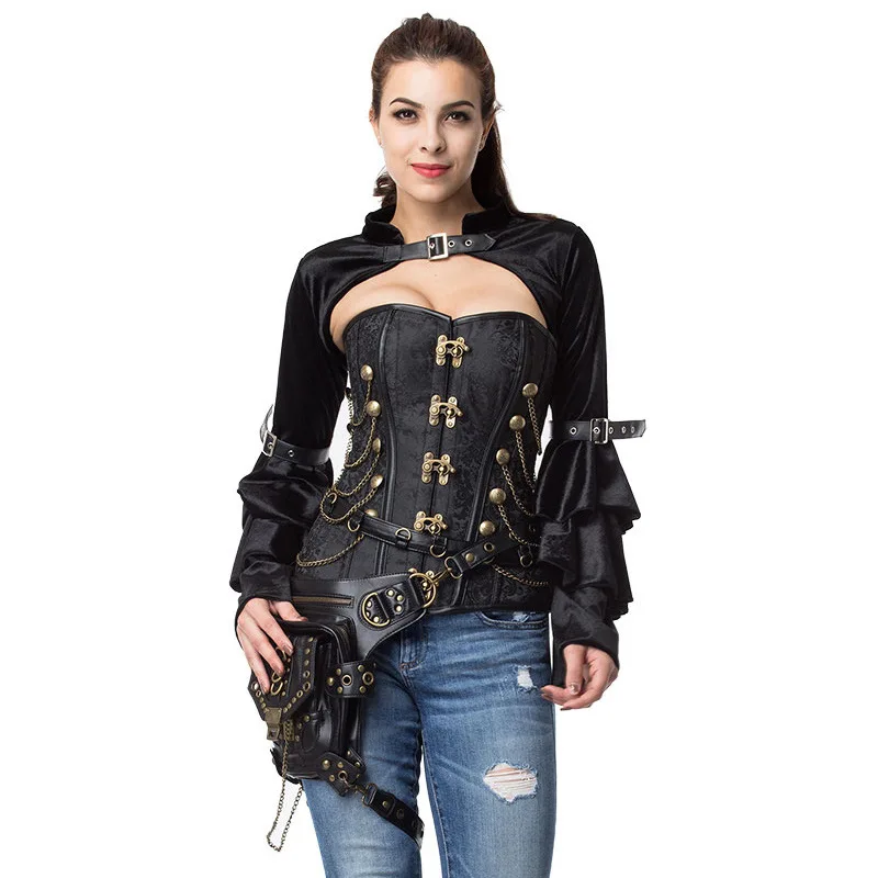

Women Steampunk Corset Jacket Medieval Victorian Retro Gothic Black Shrug Bolero Long Sleeve Mini Coat