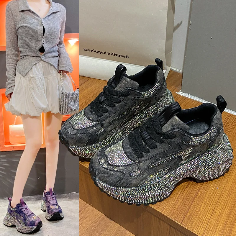 HKDQ Women's Sneakers Round Toe Chunky Heel Lace-Up Rhinestone Embellished Denim-Look Upper Casual Platform Walking Shoes