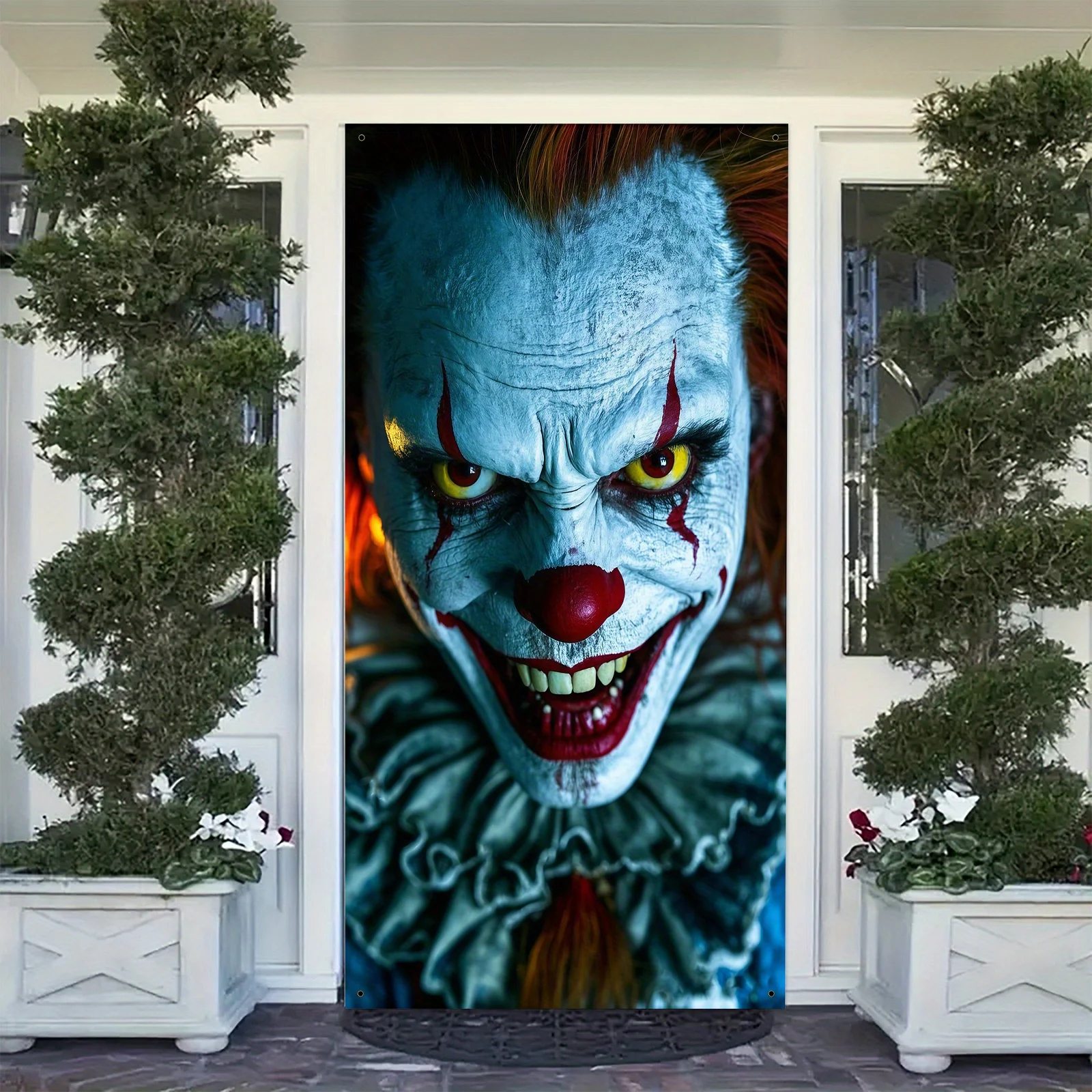 2D flat banner 1PC Halloween theme, scary clown design, blood-red eyes and red lips, terrifying Halloween party decoration