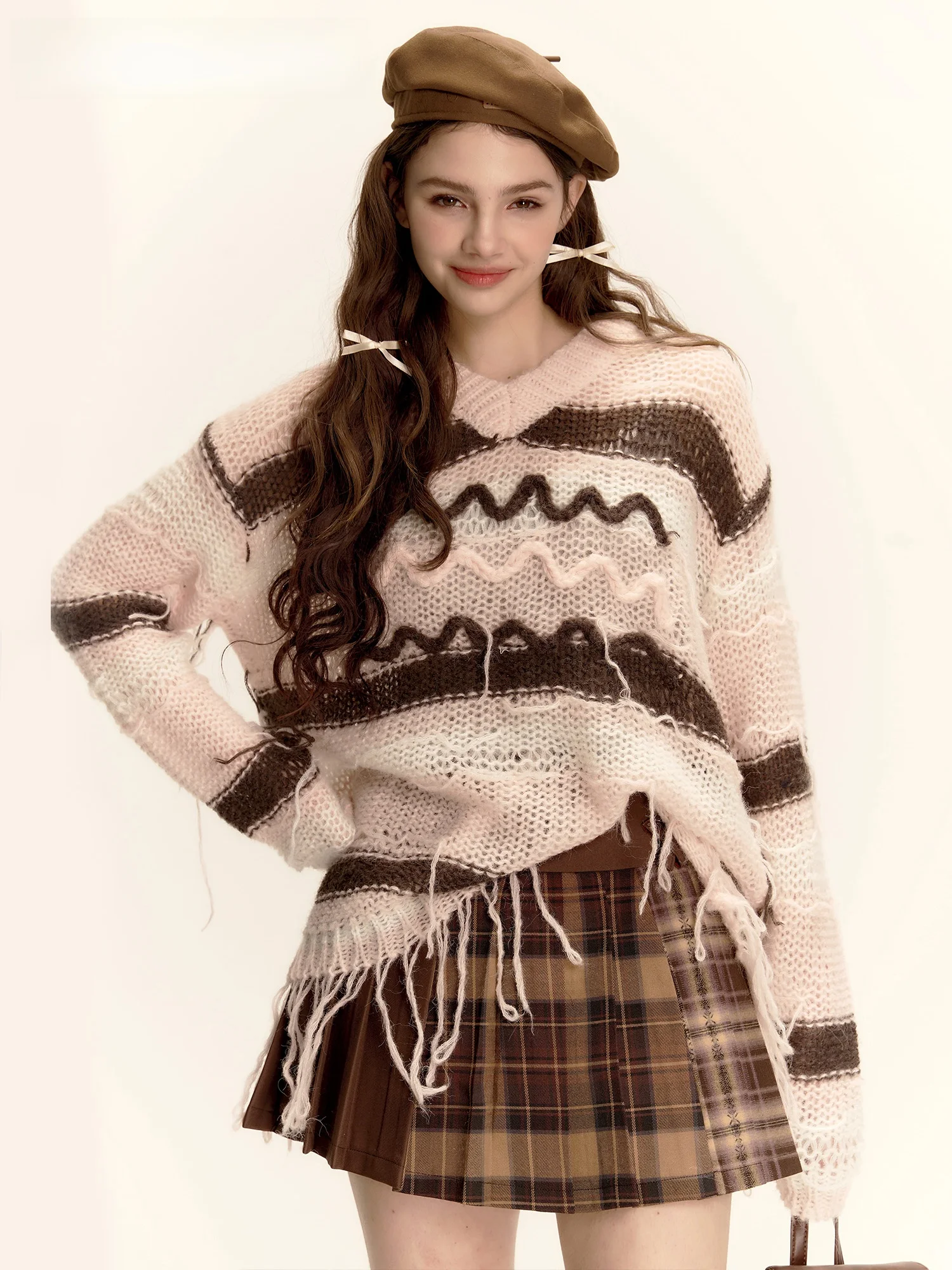 

KLDINOR Retro Sle Hollow out Striped Tee Color Tassel Knitted Cover up V Ne American Vintage Thin Sweater Women's Faion