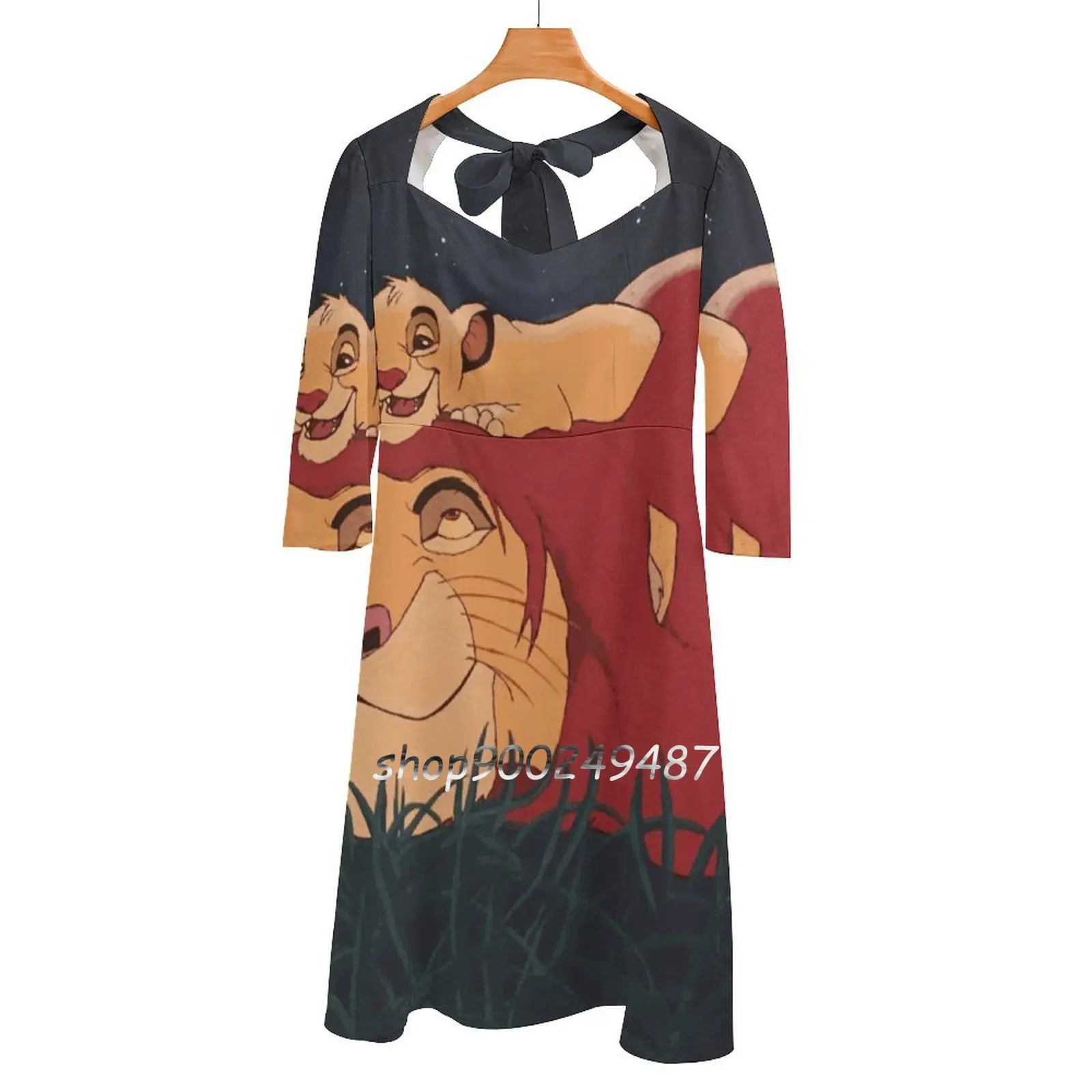 The Lion King : Mufasa And Simba Square Neck Dress Cute Loose Print Dresses Elegant Beach Party Dress Lion King Mufasa Simba