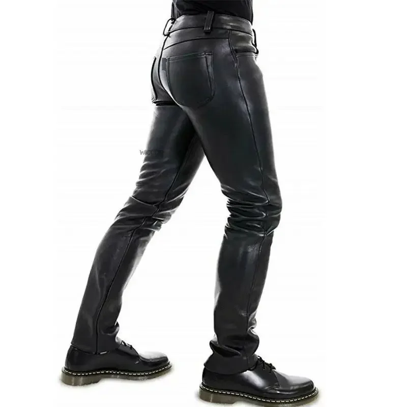 Men\'s Leather Pants  2022 New Solid Color PU Leather Motorcycle Pants Elastic Leisure Punk Style Slim Fit Full Length Trousers