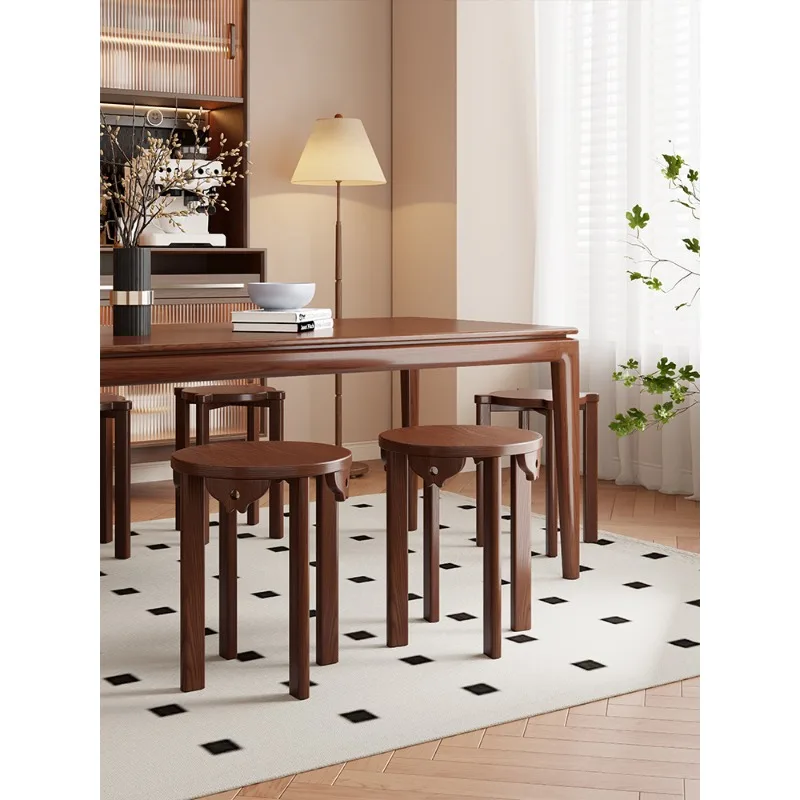 طاولة طعام مستديرة من الخشب الصلب، مقعد منزلي مكدس بستة في واحد، يمكن تكديس كرسي طعام احتياطي