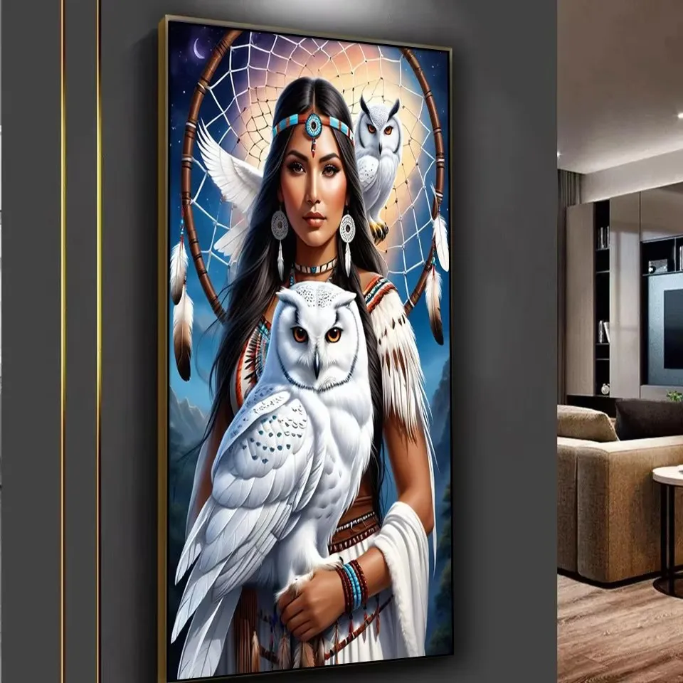 

Indian Woman And Owl Wolf Large 5D Diy Diamond Painting Full Square/Round Diamond Mosaic Cross Stitch Kits Home Decor Art Gift
