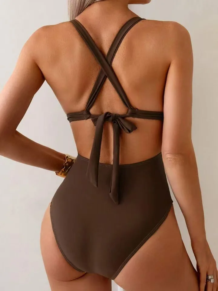 Metal Chain Deep V One Piece Swimsuit 2026 Women's Solid Color Push Up Tummy Control Tie Side Swimwear Beach Vacation Bodysuit