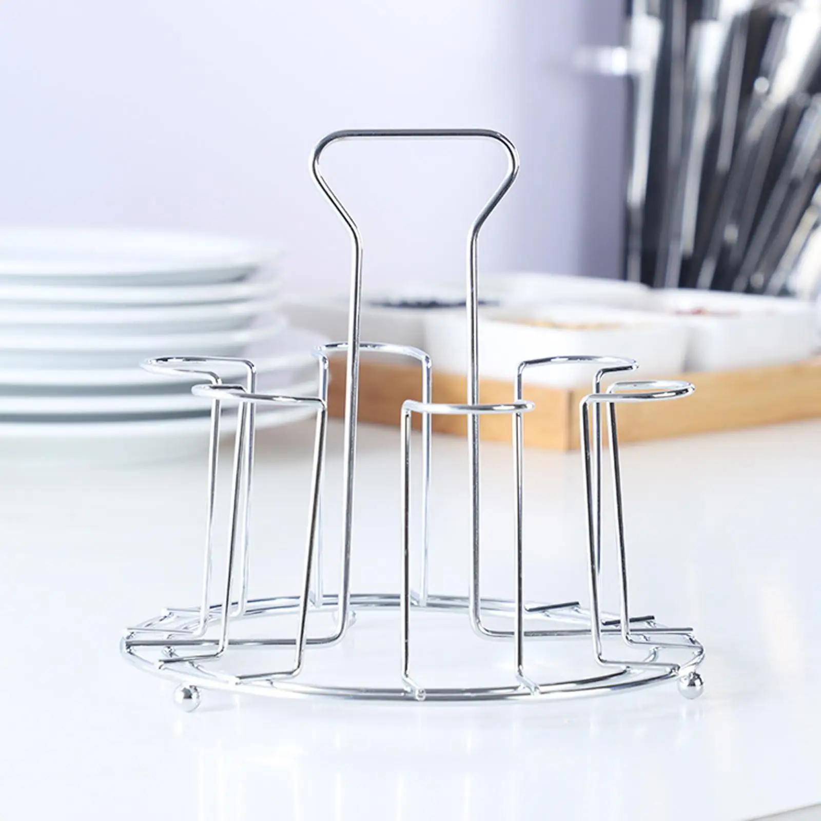 Round Metal Kitchen Cup Rack Stand with Handle for Mug Glass Bottle Holder Drain Water Shelf Countertop Drying Organizer
