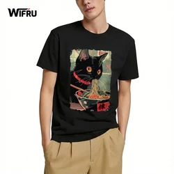 Japanese Anime-Style Ramen Black Cat Graphic T-Shirt Kawaii Animal Print Casual Daily Home Tees Classic O-Neck Short Sleeve Tops
