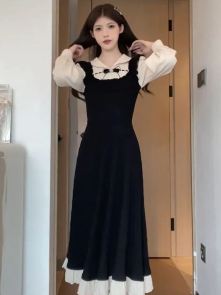Vestido coreano de dos piezas de imitación de retazos suaves estilo Hepburn, vestidos adelgazantes que se ajustan a la cintura para mujer, nuevos trajes de moda de invierno 2025