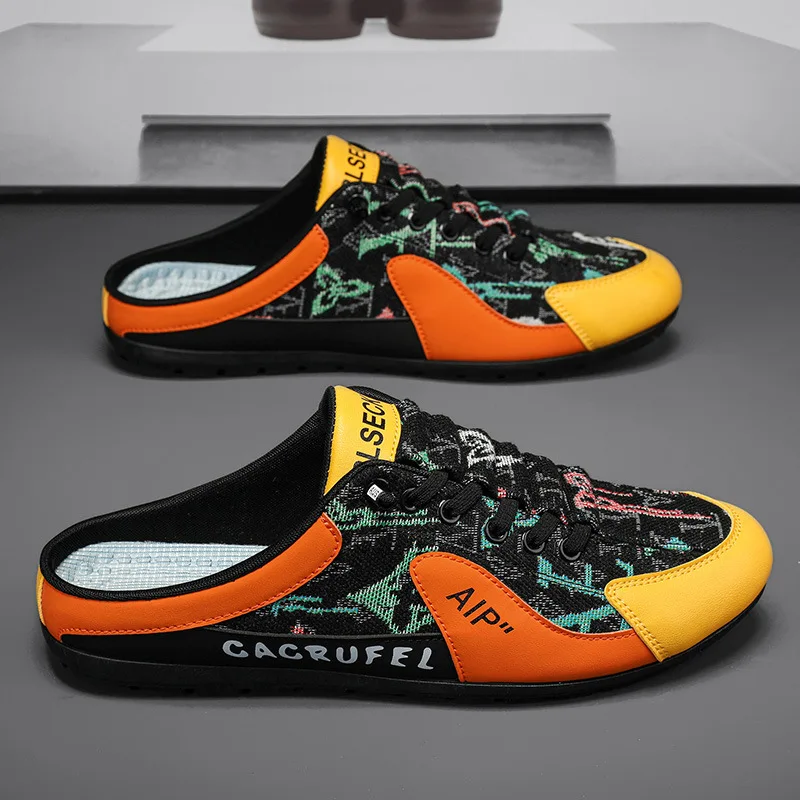 

Men's Shoes Summer Shoes Trend Versatile Canvas Designer Men Half Slippers Black Walking Flats Casual Outdoor Backless Sneakers