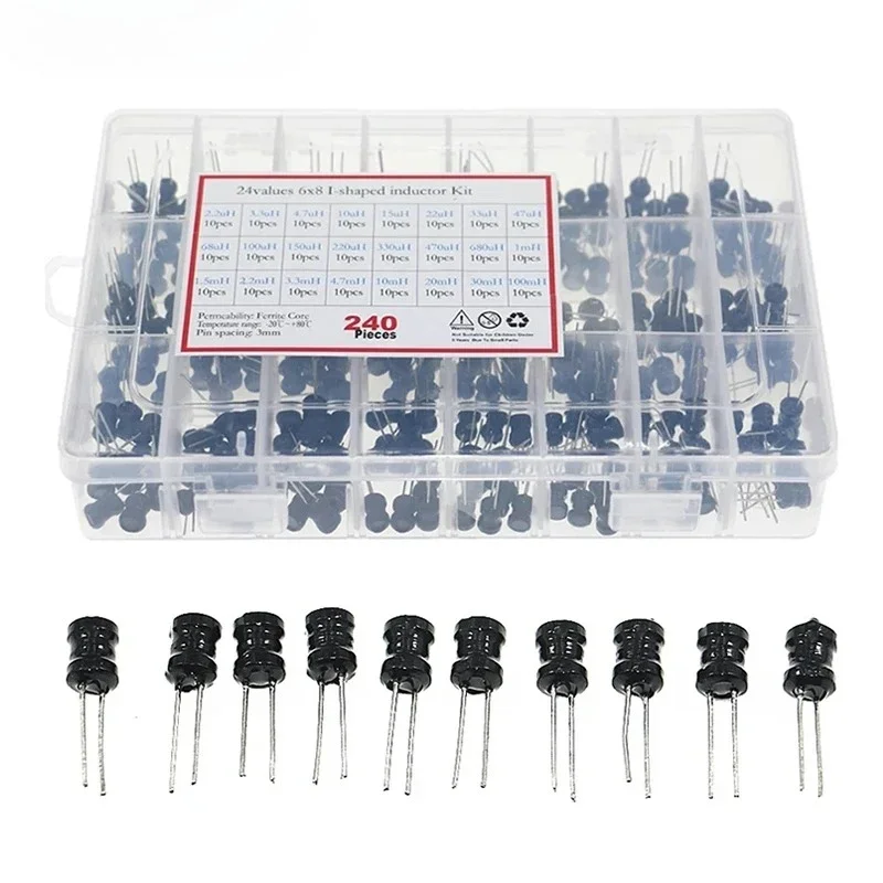 240Pcs 2.2uH-100mH 6x8mm Choke I-Shaped Power Inductor Assorted Kit 4.7uH 6.8uH 10uH 22uH 47uH 68uH 100uH 220uH 1mH Inductors