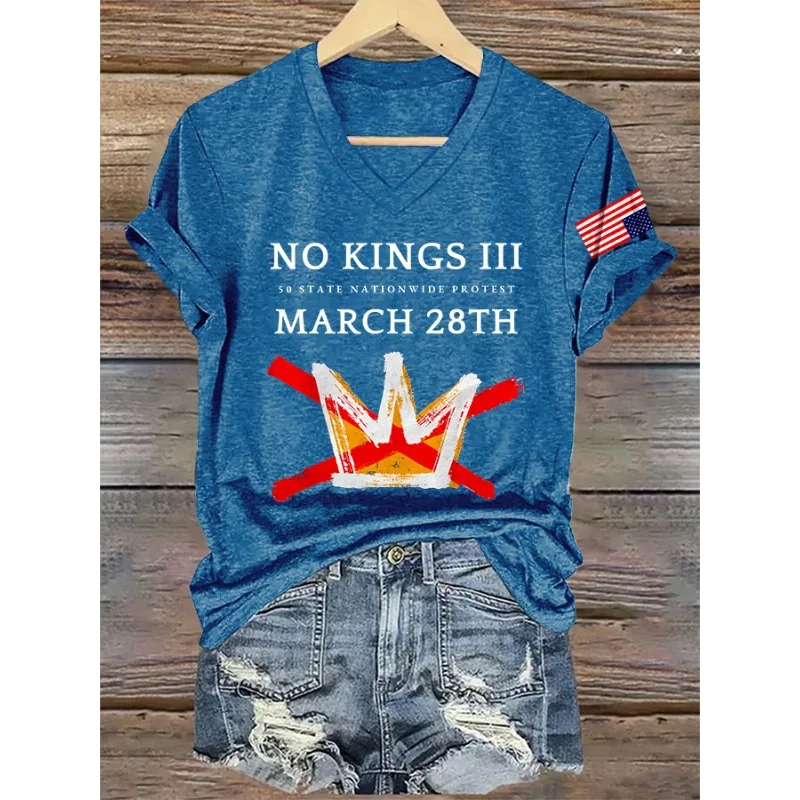 Women's Retro V-Neck No Kings III 50 State Nationwide Protest March 28th Print Tops Casual V Neck FDT Print T-Shirt
