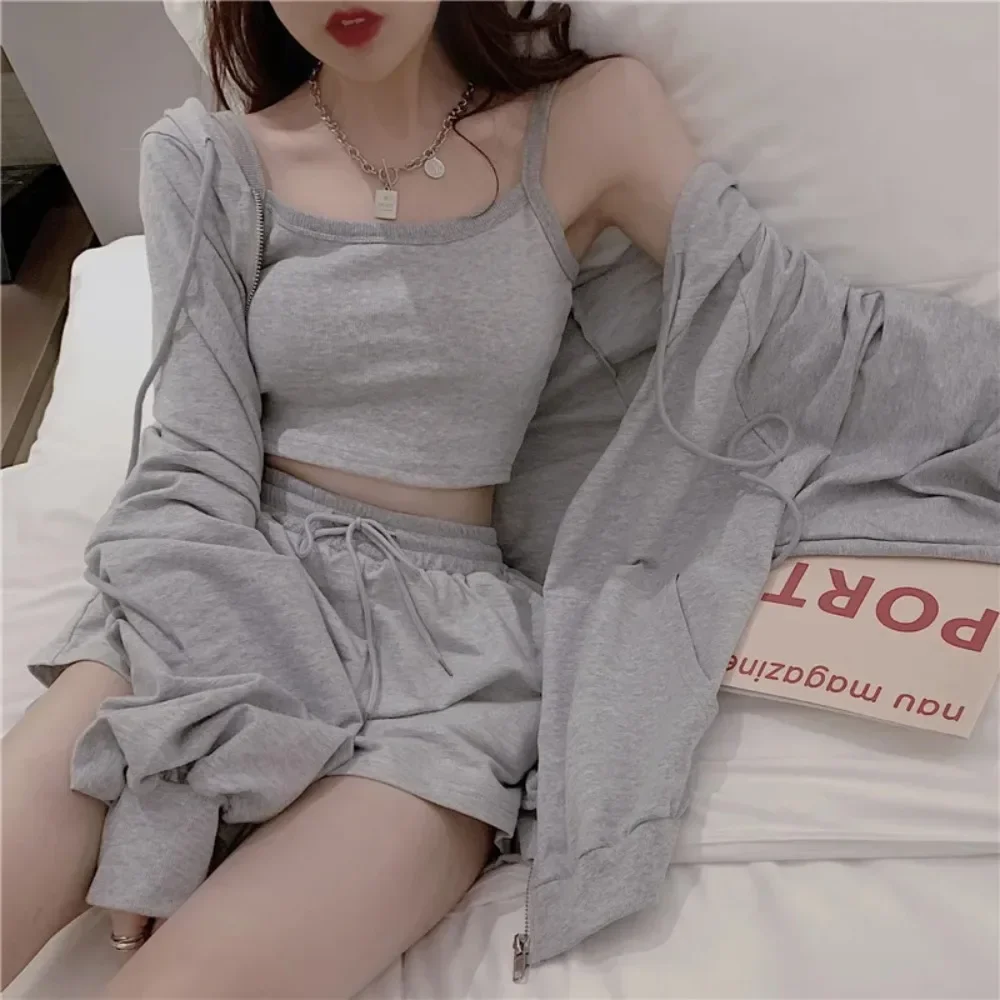 

Loungewear Women 3 Pieces Summer Sleepwear Fashion Vest Lingerie Long Sleeve Zipper Hooded Lace-up Shorts Women's Pijamad