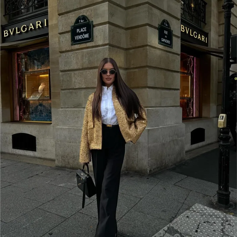 Women Fashion Shiny Sequin Jacket Y2k Gold Color Stand Collar Long Sleeve Short Coat Autumn Winter Ladies High Streetwear