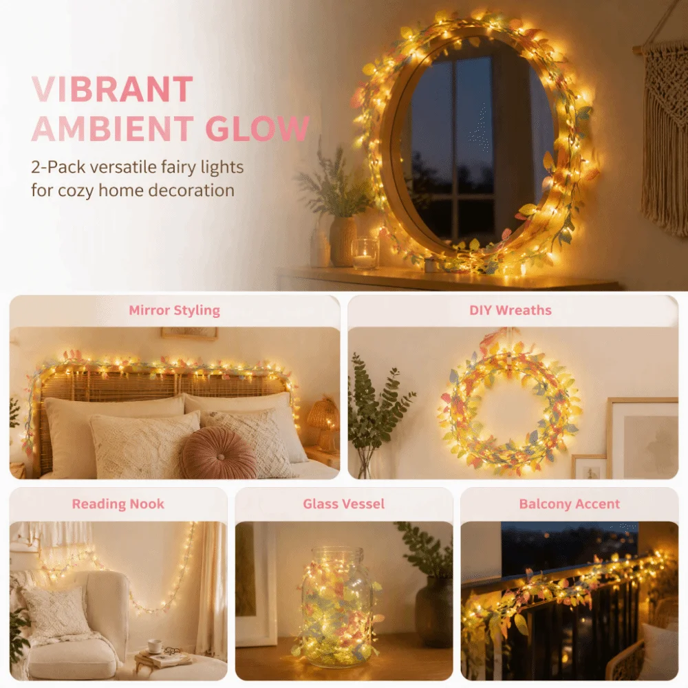 2pcs Fabric Leaves Design LED Light String Copper Wire 20 LEDs Per Strand Color Leaves Light Battery Operated 2m Length