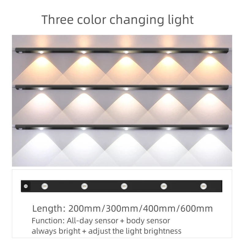 MEMEOKON LED Light 200/400/600mm Cabinet Lamp PIR Motion Sensor Wireless USB Rechargeable Night light Cabinet Kitchen Lamp