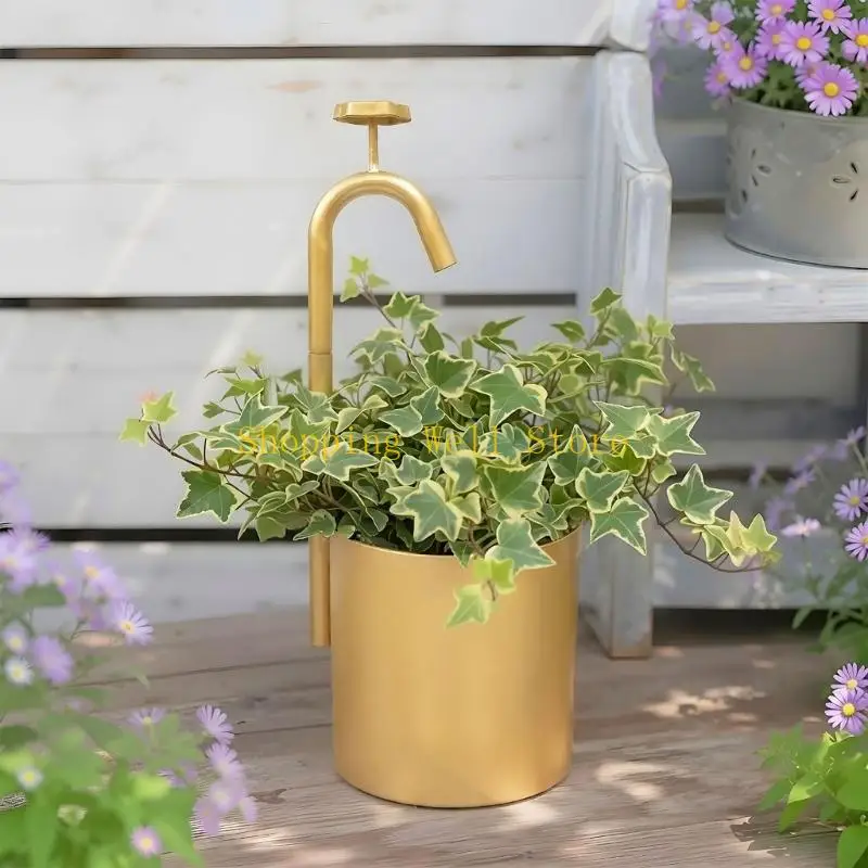 KX4B Gold Iron Flower Pot Indoor Succulents Flower Pot for Desk Window Shelf Use