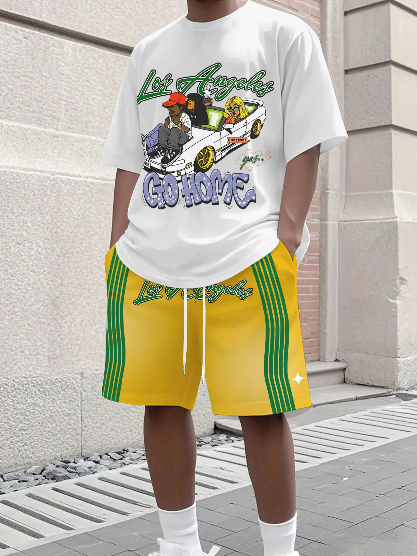

Men's Summer Casual Suit Creative Unique Letter-printed Outdoor Street Fashion Short Sleeve Top And Shorts Two-piece Set