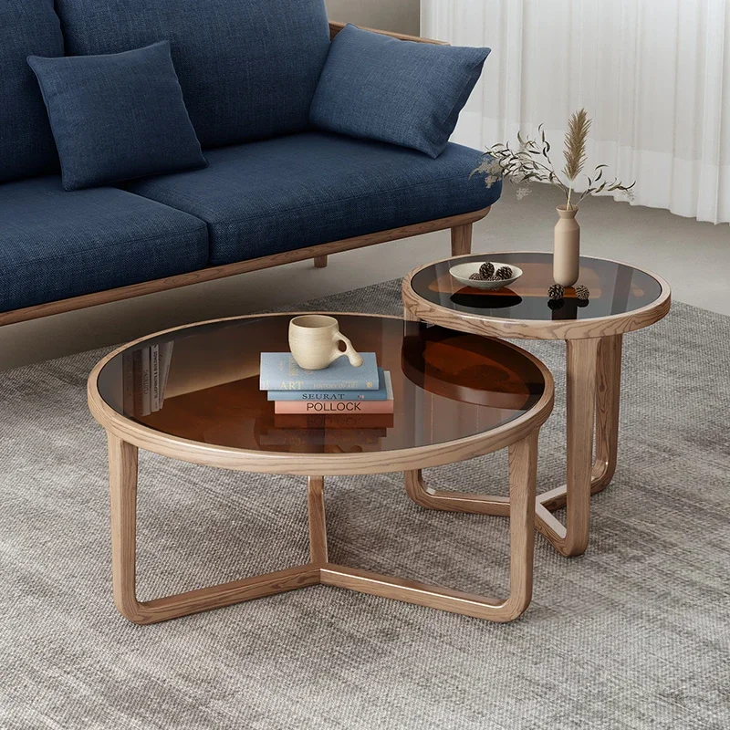 Nordic brown glass round coffee table combination ash wood living room sofa side ************ tea  balcony