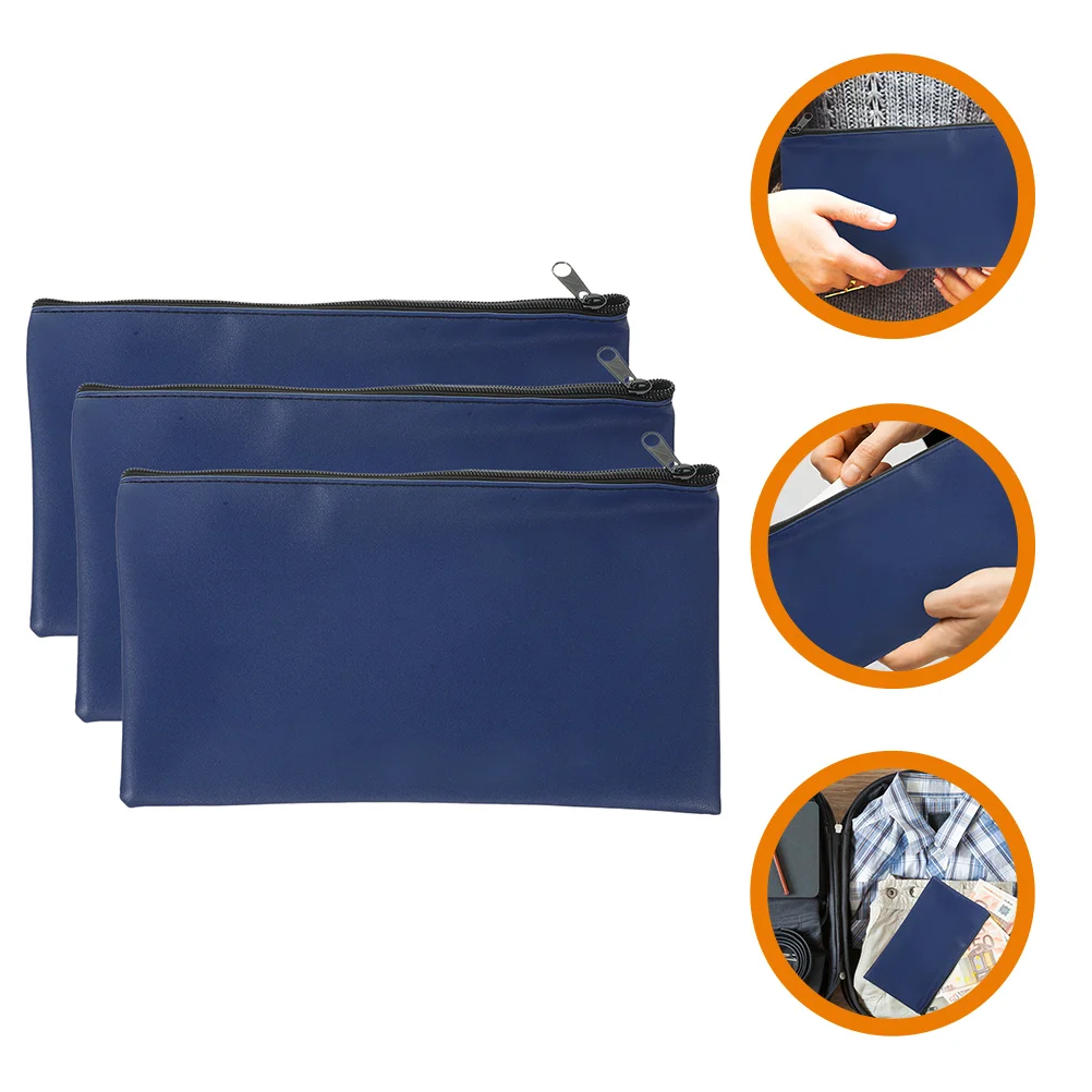 Pu Bill Bag Cash Deposit Storage 2pcs Packed Navy Blue Money Holder Bags with Zipper for Coin Purse