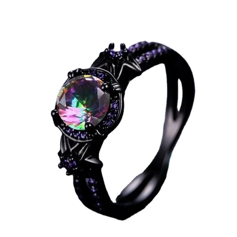 Bamas Mystic Rainbow Fire Topaz Flower Ring Purple Amethyst Black Gold Jewelry Size 6-10