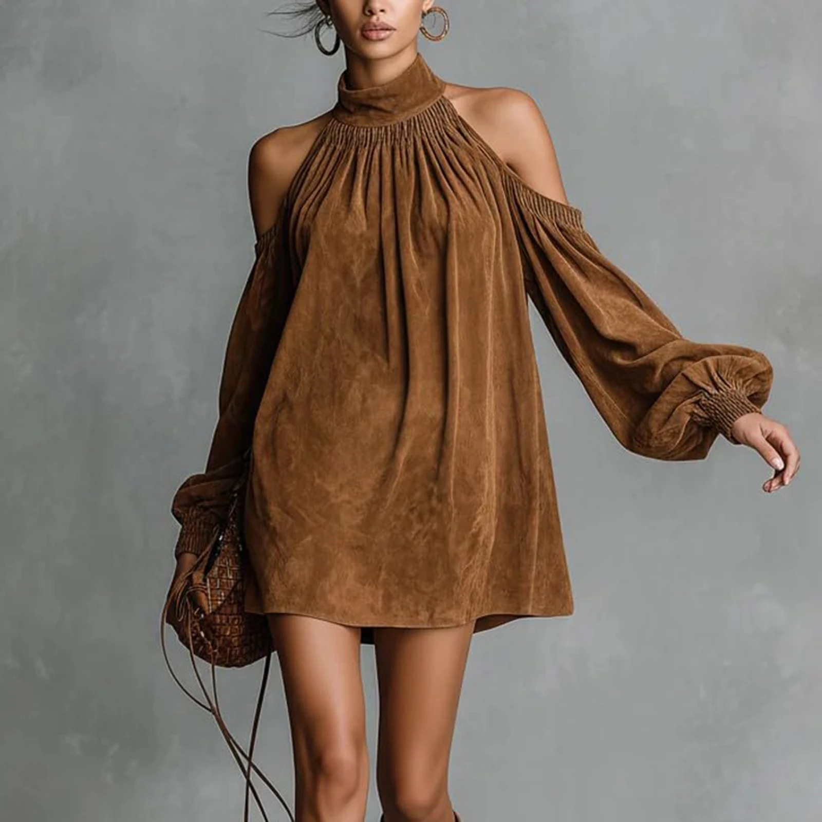 

Casual off Shoulder Mini Dress Women 2026 New Fashion Folds Solid Long Sleeve Loose Short Dresses Elegant Flared-Sleeve Dress