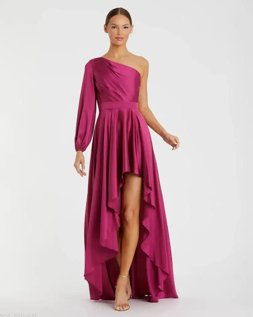 Customized Classic Charmeuse Sash Pleat A-line One-shoulder Hi-Lo Dresses Bespoke Occasion Dresses Sizes Available Simple Retro