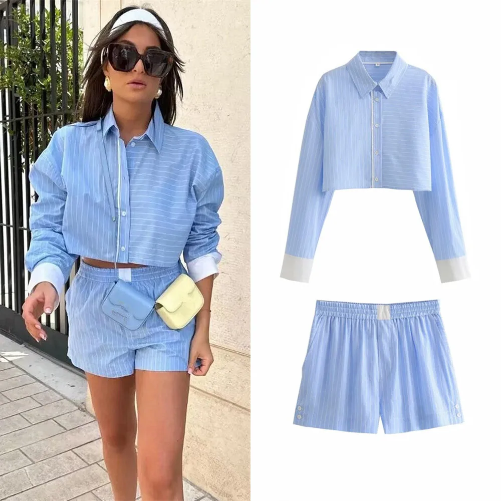 Ladies Vintage Elegant 2 Pieces Sets Stripe Shirts Top Casual Shorts Sets Summer Women Suit Two Piece Set Womens Outfits Female