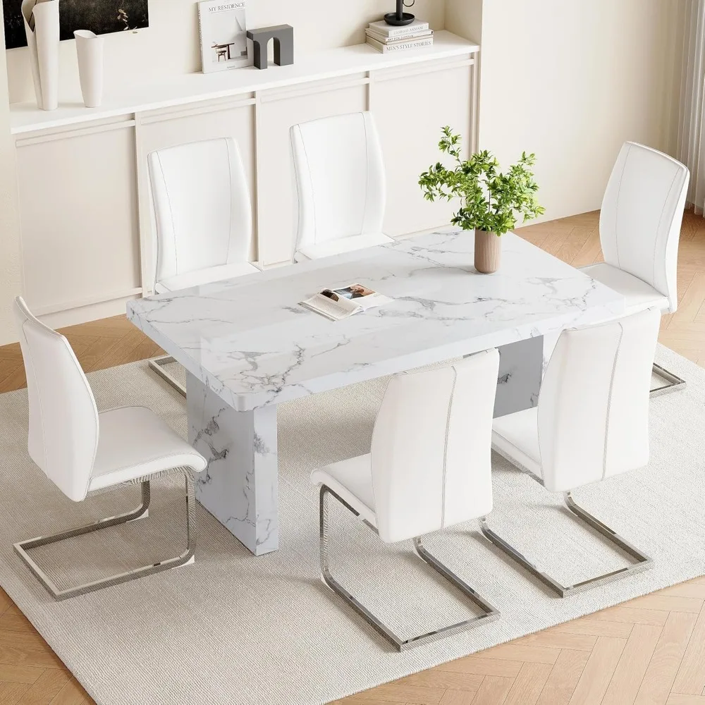 7 Piece Dining Table Set, 63“ Marble Dining Room Table Set for 6, White Marble Pattern MDF Kitchen Table Top and Base