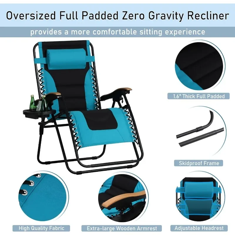 PHI VILLA XXL Oversized Padded Zero Gravity Chair, Foldable Patio Recliner, 30" Wide Seat Anti Gravity Lounger with Cup Holder,