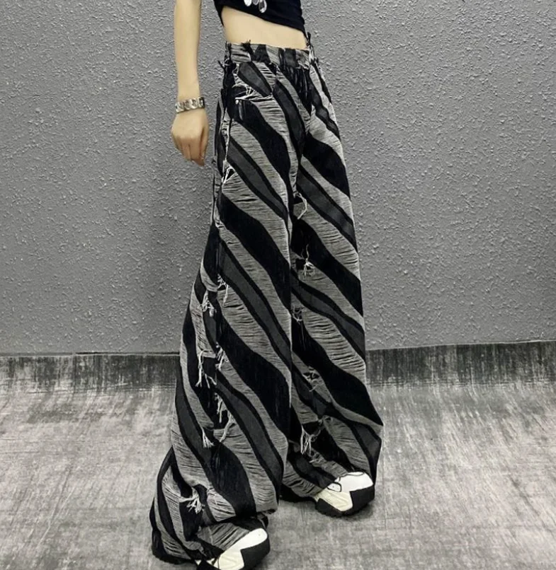 Women Distressed Patchwork Jeans Raw Hem Loose American Street Twill Denim Pants Hiphop Gothic Harajuku Y2K Trousers p133