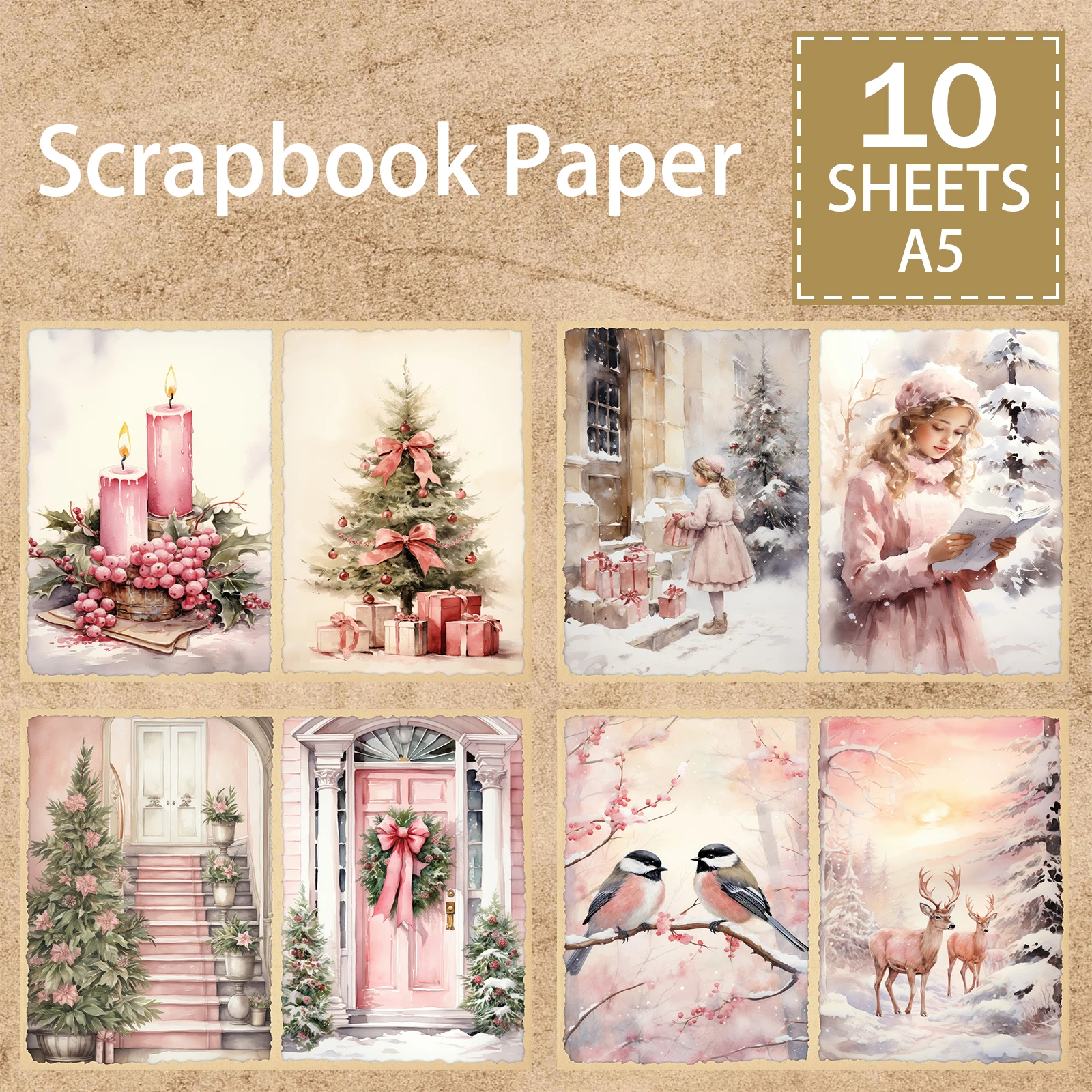 10 Sheets A5 Size Pink Christmas Santa Claus And Girl Background Vintage Grunge Journal Planning Scrapbooking