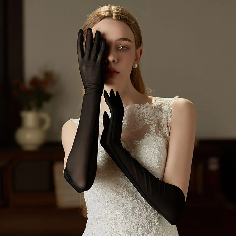 WG125 Wedding Bridal Gloves Full Long Brides Bridesmaid Black Finger Prom Evening Parties Opera Gloves Women Handschuh