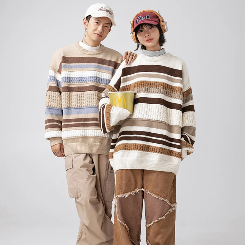 

Japanese Style Crew Neck Sweater Men Autumn Winter New Striped Color Block Patchwork Trendy Couple Loose Knitted Sweater Jacket